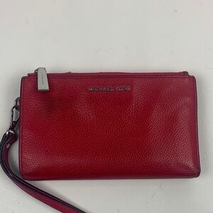 Michael Kors Cherry Red Leather Wristlet Wallet Silver Zip Many pockets MK red